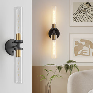 English Elm Wall Sconces Set Of Two - Modern Black & Gold Bathroom Lighting With Touch Control & Clear Glass Shades W2312P389965-GIGA