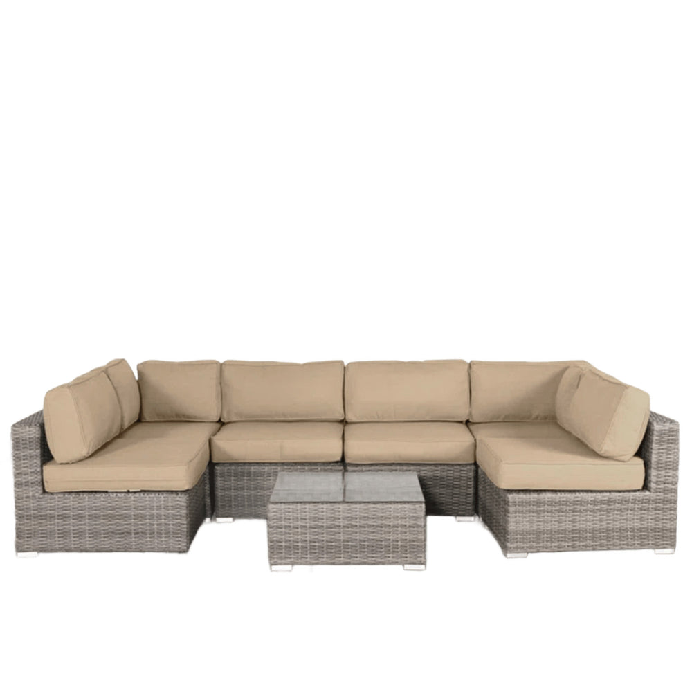 English Elm All-Weather 7-Piece Wicker Sectional Set with 14 Cushions, Glass Table, 5" Plush Seats, Pre-Assembled B120S00140