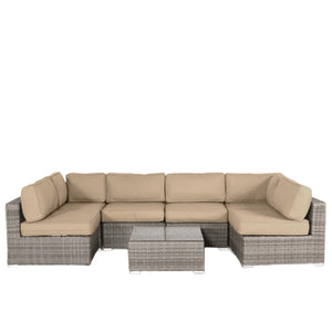English Elm All-Weather 7-Piece Wicker Sectional Set with 14 Cushions, Glass Table, 5" Plush Seats, Pre-Assembled B120S00140