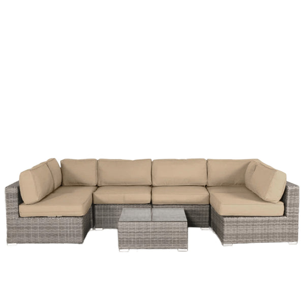 English Elm All-Weather 7-Piece Wicker Sectional Set with 14 Cushions, Glass Table, 5" Plush Seats, Pre-Assembled B120S00140
