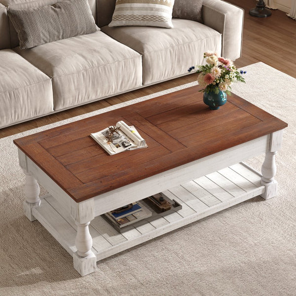 English Elm Farmhouse Coffee Table Solid Planked Wood with Open Shelf Square Baluster Living Room Antique Espresso,Antique White W1445P362858
