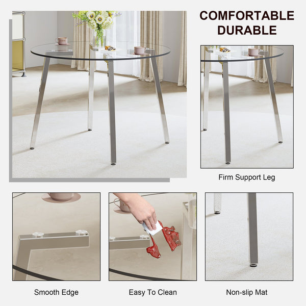 English Elm Modern circular tempered glass dining table with silver metal legs, minimalist clear top for airy spaces W1512P371582