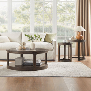 English Elm (1 Coffee Table+1 Side Table) Two-piece Pine Wood Round Set with Wheels Rustic Living Room Dark Brown W2582S00194