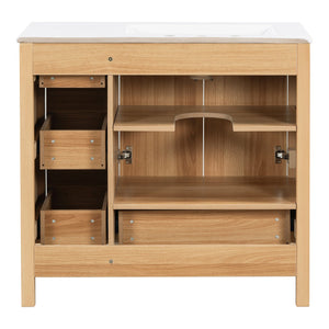 English Elm 36" Wood Bathroom Vanity Cabinet with Solid Frame, Ceramic Sink, Soft-Close Doors & Organized Drawers N729P321351N