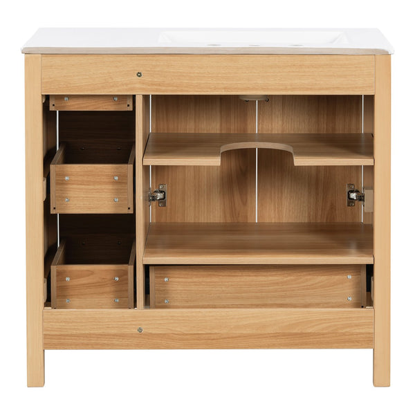 English Elm 36" Wood Bathroom Vanity Cabinet with Solid Frame, Ceramic Sink, Soft-Close Doors & Organized Drawers N729P321351N