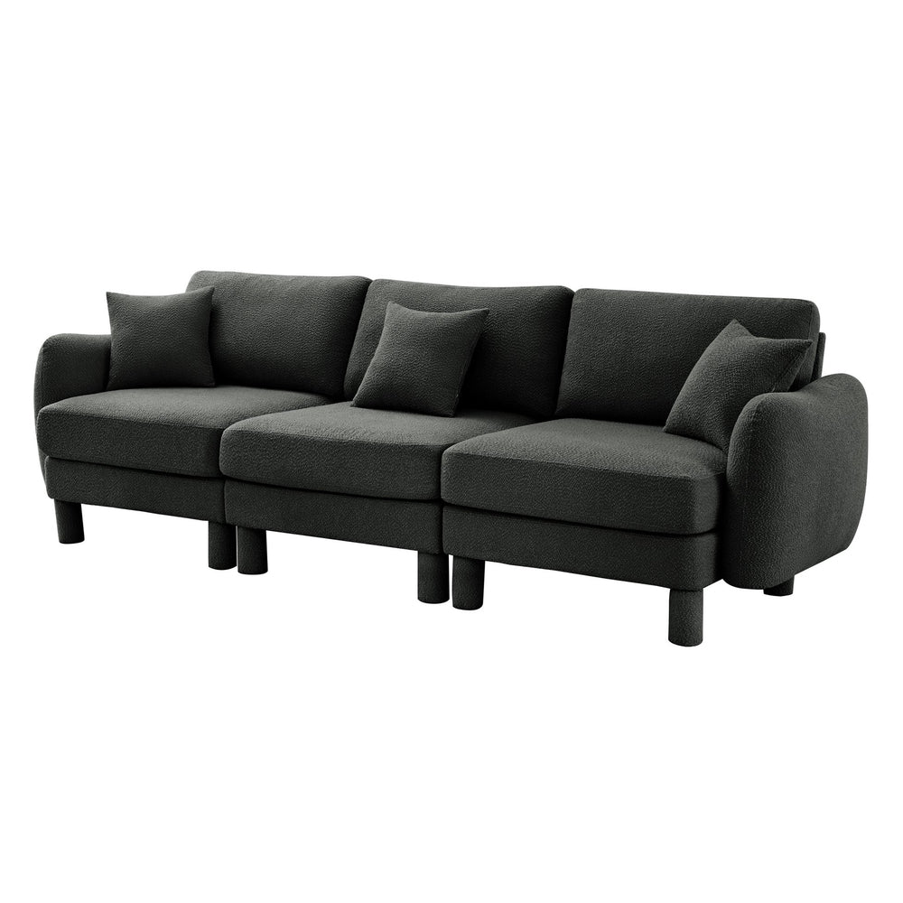 English Elm Boucle 3-Seater Sofa With Shell-Shaped Armrests & Cylindrical Legs - Dark Grey Modern Elegance W3041S00300