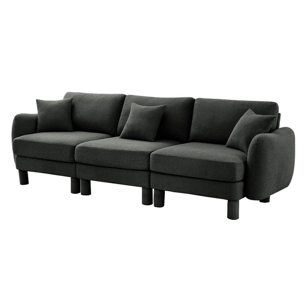 English Elm Boucle 3-Seater Sofa With Shell-Shaped Armrests & Cylindrical Legs - Dark Grey Modern Elegance W3041S00300