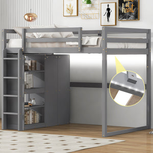 English Elm Wood Full Size Loft Bed with Built-in Wardrobe, 4-Tier Storage Shelves, LED Light, Pine MDF Durable Gray GX000463AAE