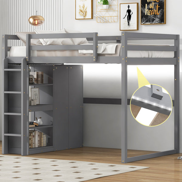 English Elm Wood Full Size Loft Bed with Built-in Wardrobe, 4-Tier Storage Shelves, LED Light, Pine MDF Durable Gray GX000463AAE