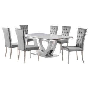 English Elm Kerwin Sleek Grey Velvet 7-Piece Dining Set with Faux Marble Table, Chrome U-Base & Tufted Chairs B062S01202