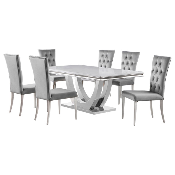 English Elm Kerwin Sleek Grey Velvet 7-Piece Dining Set with Faux Marble Table, Chrome U-Base & Tufted Chairs B062S01202