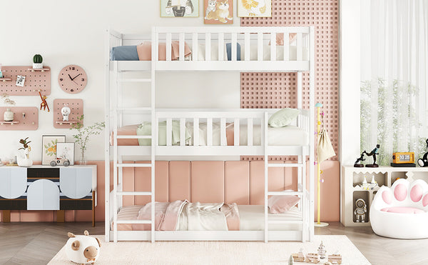 English Elm Twin Triple Rubberwood Bunk Bed with Ladders & Guardrails, Space-Saving Modular Design for Families White W504S00171