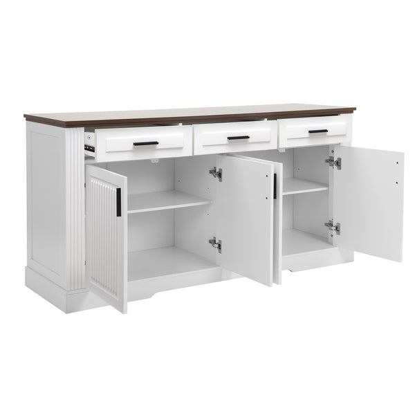 English Elm 63" Fluted Mdf Sideboard with Wood Tone Top Four Doors Three Drawers Dining Storage White W2917S00011