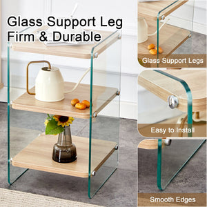 English Elm Three Triple-Layer Bedside Table with MDF Top & Tempered Glass Legs, Storage, Minimalist Warmth W1512P387008