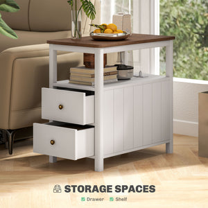 English Elm HOMCOM Narrow End Table with Charging Station, 2 Outlets & USB, 2 Drawers Shelf, Modern White W2225P249995