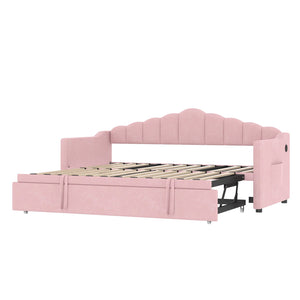 English Elm Upholstered Twin Daybed with Pop-Up Trundle, Built-In USB Type-C Charger, Side Pockets, Velvet Frame Pink 77.25 L x 17.25 W x 5.31 H N733S285118H