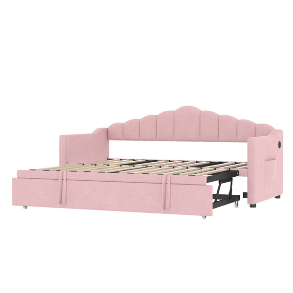English Elm Upholstered Twin Daybed with Pop-Up Trundle, Built-In USB Type-C Charger, Side Pockets, Velvet Frame Pink 77.25 L x 17.25 W x 5.31 H N733S285118H