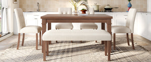 English Elm 6-piece Rectangular Dining Set with Wood Grain Table Four Upholstered Chairs and Bench Walnut N752S000012D