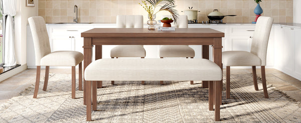 English Elm 6-piece Rectangular Dining Set with Wood Grain Table Four Upholstered Chairs and Bench Walnut N752S000012D