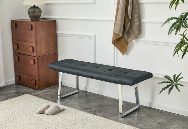 English Elm Dining Bench Faux Leather Upholstered Seat with Arched Metal Legs for Modern Interiors W3493P449289