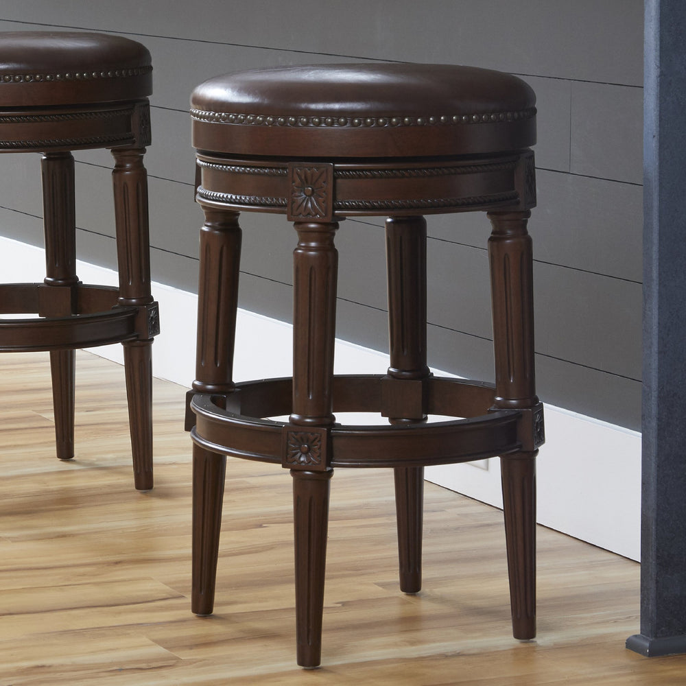 English Elm 31in. Swivel Barstool Faux Leather Seat Nailhead Trim Carved Walnut Frame Kitchen Bar B2751P436435