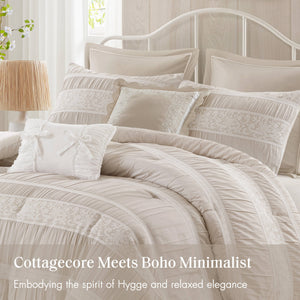 English Elm 7-piece King Jacquard Comforter Set Lace Detail Chambray Cottage Bedroom Ensemble Neutral B035P482889
