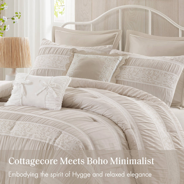 English Elm 7-piece King Jacquard Comforter Set Lace Detail Chambray Cottage Bedroom Ensemble Neutral B035P482889