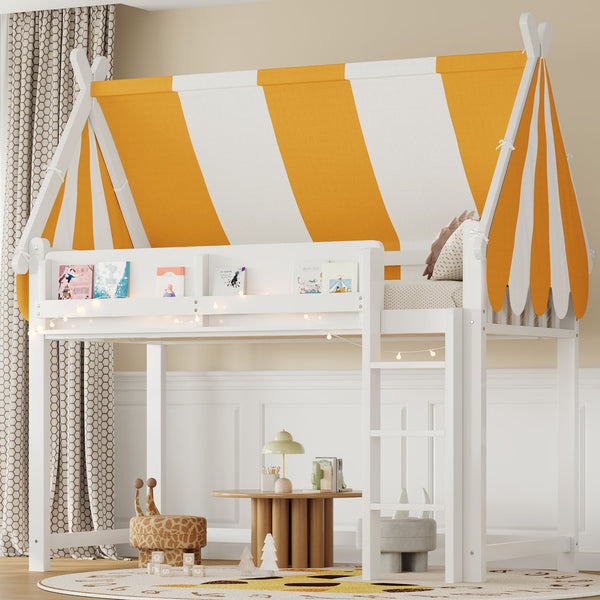 English Elm Twin Solid Wood Loft Bed with Led Lights Canopy Bookshelf for Kids Bedroom White N7090002241K