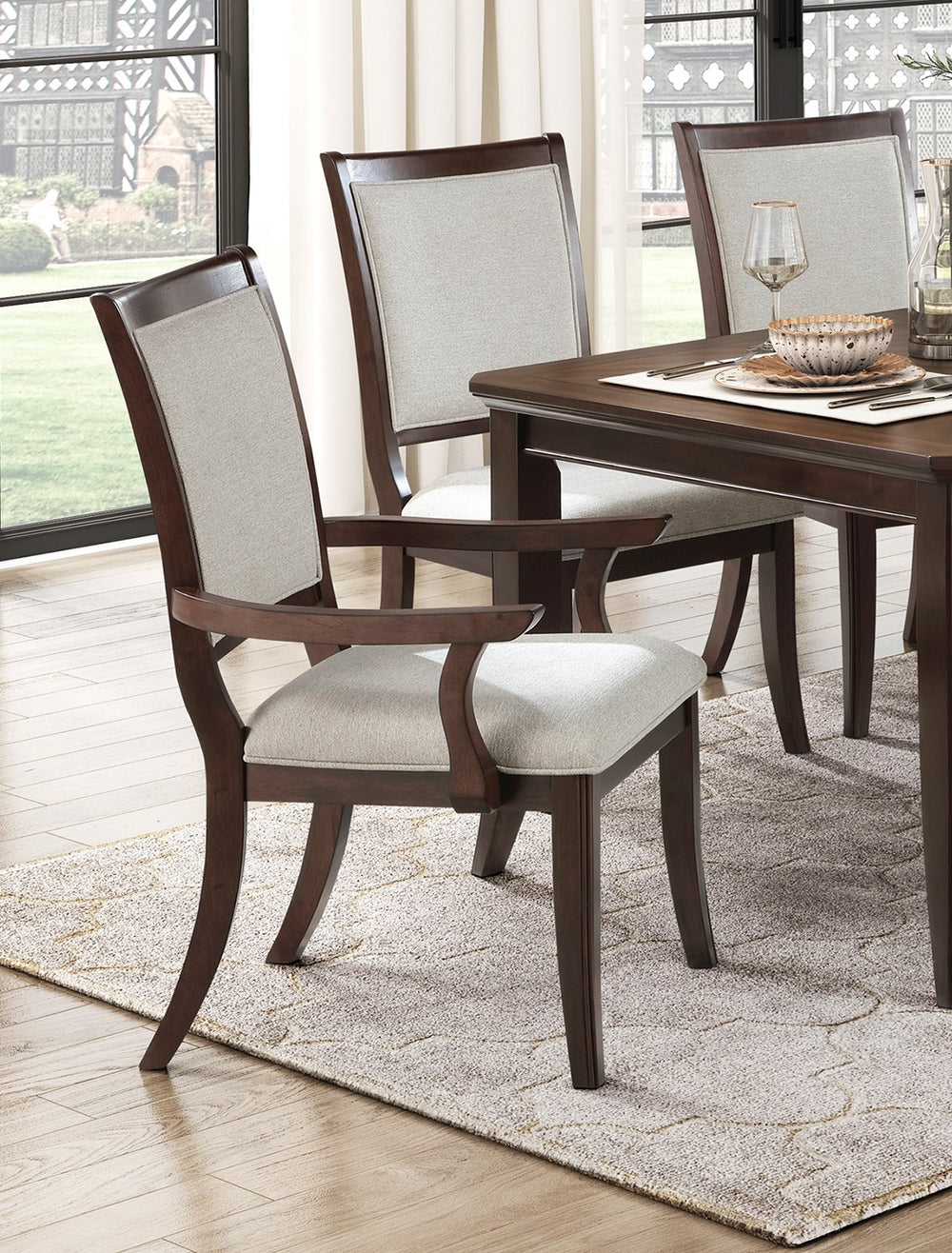 English Elm Formal Cherry Wood Seven Piece Extendable Dining Set with Walnut Inlay Upholstered Chairs B011S02265