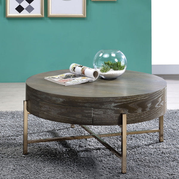 English Elm Drum Minimalist Coffee Table with Drawer in Light Brown & Champagne Metal Frame, Elegant Storage Blend B016P313004