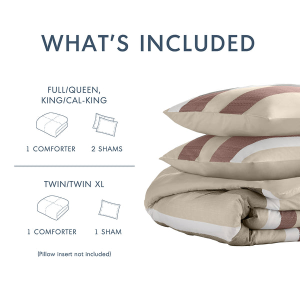 JLA Home Regency Heights - Stripe Textured Seersucker Comforter Set with Reversible Stripe & Botanical Prints, Oeko-Tex Certified Terracotta RH10-0012