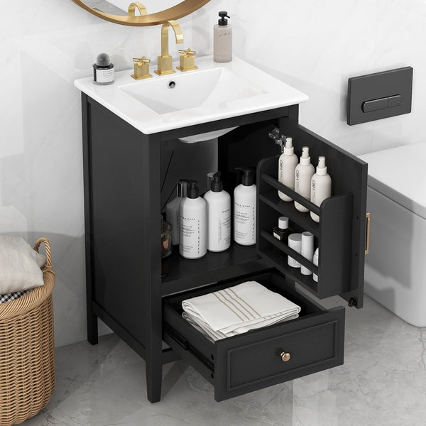 English Elm 20" Bathroom Vanity with Sink and Ceramic Top, Modern Freestanding Cabinet with Drawer & Shelf Storage, Adjustable Feet for Stability and 200lb Capacity Black N725P192821B