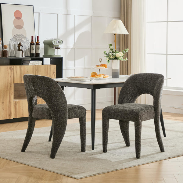 English Elm grey chenille dining chair set of 2 with hollowed backrest, iron frame KD assembly, comfy cushion, 300 lb capacity W3615P340369