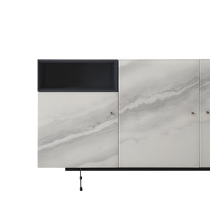 English Elm Olivia Marble Effect Glass Sideboard with Matte Black Open Shelving for Dining Rooms B2736S00027