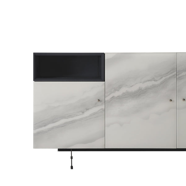English Elm Olivia Marble Effect Glass Sideboard with Matte Black Open Shelving for Dining Rooms B2736S00027
