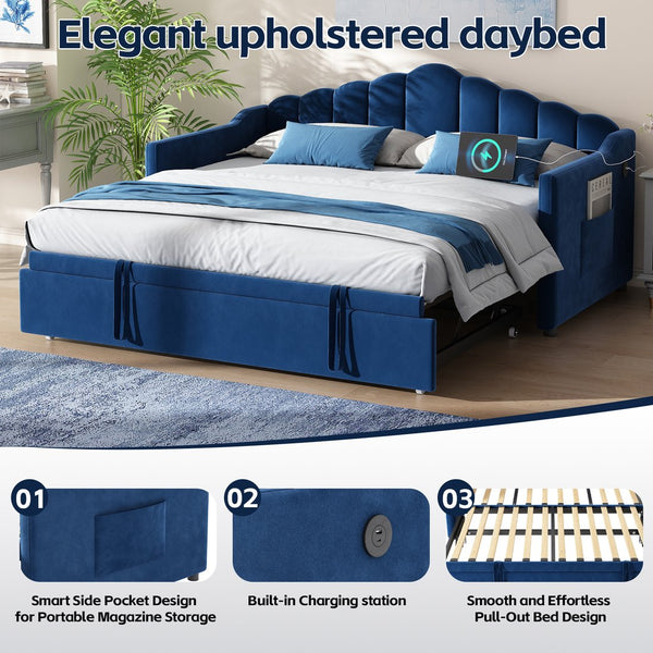 English Elm Upholstered Twin Daybed with Pop-Up Trundle, Built-In USB Type-C Charger, Side Pockets, Velvet Frame Blue 77.25 L x 17.25 W x 5.31 H N733S285118C