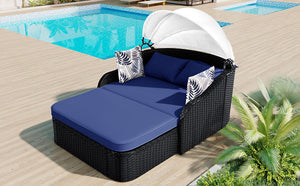 English Elm GO Outdoor Sun Bed with Adjustable Canopy, Durable PE Rattan Double Lounger, Zippered Cushions and Pillows for Easy Care and 500lb Capacity Black+Blue FG201223AAN