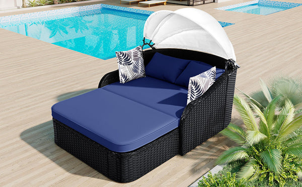 English Elm GO Outdoor Sun Bed with Adjustable Canopy, Durable PE Rattan Double Lounger, Zippered Cushions and Pillows for Easy Care and 500lb Capacity Black+Blue FG201223AAN