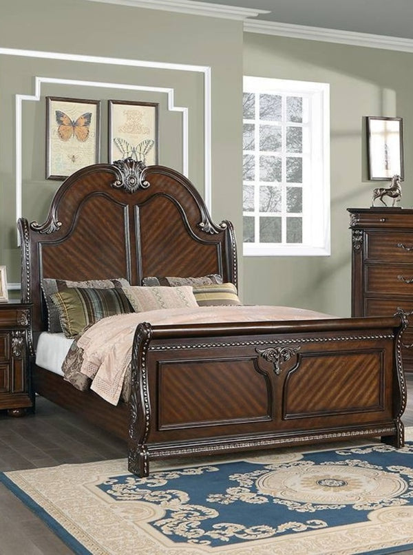 English Elm Traditional Queen Bed Solid Wood Frame with Panel Headboard Warm Brown Bedroom Piece B011S02130