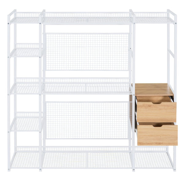 English Elm Open-Style Wardrobe Storage System with Heavy-Duty Metal Frame, Rails, Shelves & Drawers - Sleek Durable Design for Organized Living White SF000087AAK