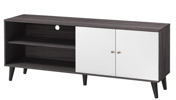 English Elm Amidon Mid-century Modern Tv Stand with Splayed Legs Open Shelf and Cabinet Walnut Dark Gray+White B2735P297798