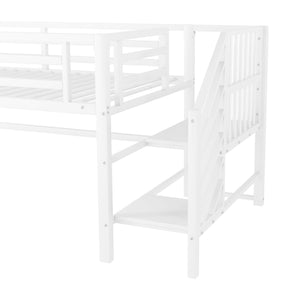 English Elm Twin Metal Loft Bed with Stairs and Six Storage Cubbies, Sturdy Metal Slat Support, Safe Low Design for Kids White 75.2 L x 17.72 W x 9.45 H W2593P305721