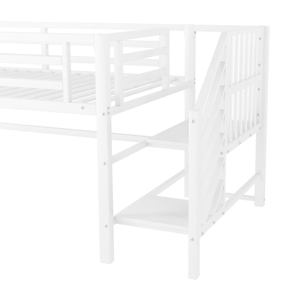 English Elm Twin Metal Loft Bed with Stairs and Six Storage Cubbies, Sturdy Metal Slat Support, Safe Low Design for Kids White 75.2 L x 17.72 W x 9.45 H W2593P305721