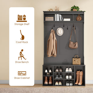 English Elm 70.9 Inch Freestanding Hall Tree with Bench Shoe Cubbies and 7 Hooks for Entryway Black T3623P434557