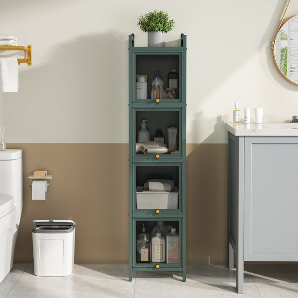 English Elm Modern Four-tier Glass Door Cabinet with Slim Iron Frame, Five Shelves, Heavy-Duty 33lb Capacity Dark Green W757P241563
