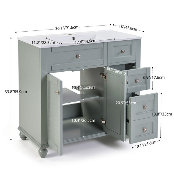English Elm 36" Modern Grey Bathroom Vanity with Ceramic Sink, Solid Wood Frame, Soft-Close Drawers, Organizer Storage Blue+Grey W2896P344088
