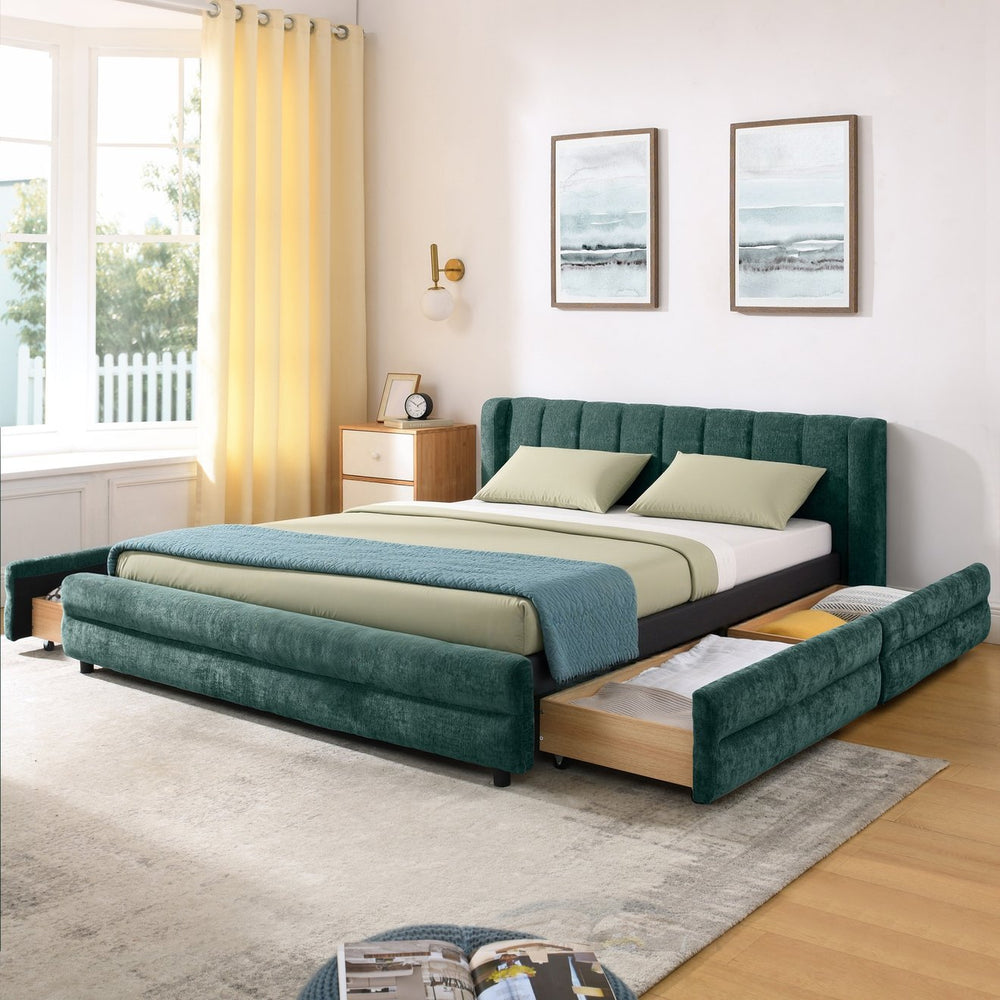 English Elm Queen Chenille Upholstered Storage Bed Wingback Headboard Platform Frame Bedroom Blue+Green W487S00419