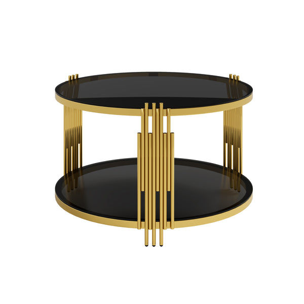 English Elm Modern Round Coffee Table Black Tempered Glass Top Gold Drum Base Living Room Glam N735P177478B