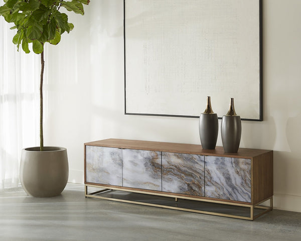 Sunpan FUENTES Stylish Media Console & Storage Cabinet - Luxurious Oak, Soft-Close Doors, Ample Storage Space 106751