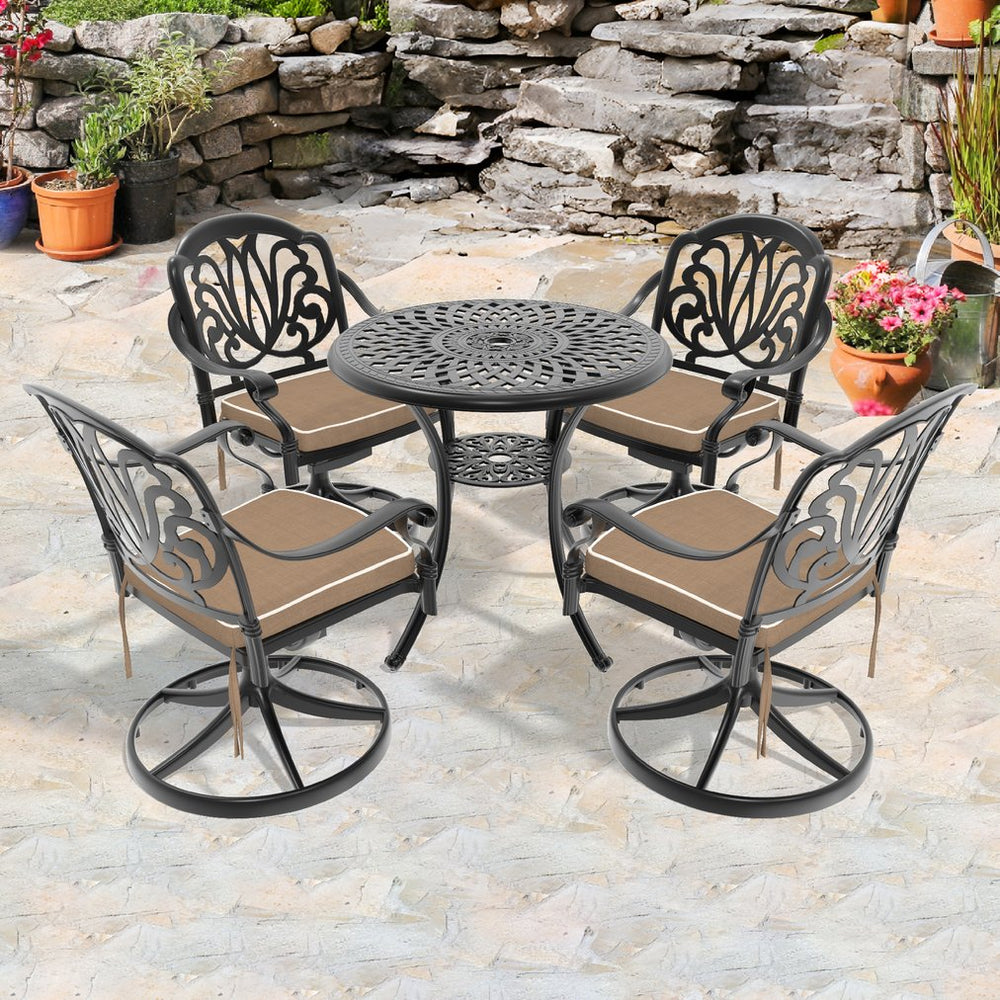 English Elm 5-Piece All-Weather Cast Aluminum Dining Set With Swivel Chairs & Round Table For Small Spaces W1710S00431